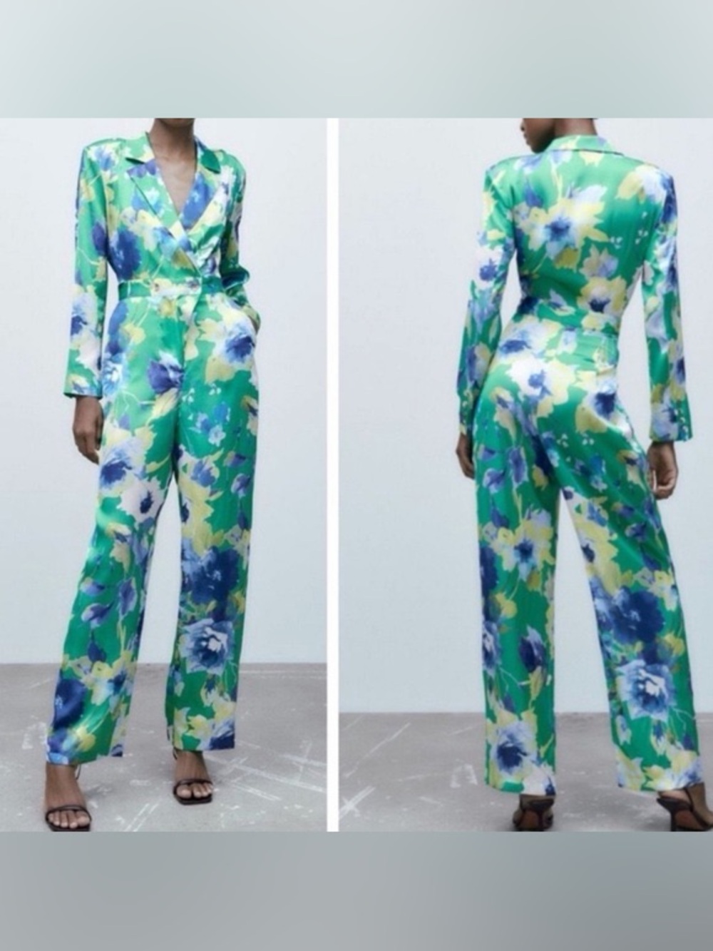 Zara Green Floral Jumpsuit long sleeve straight palazzo marble vibrant XL